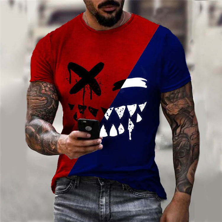 Round Neck Colorblock Smiley Face Short-Sleeved T-Shirt